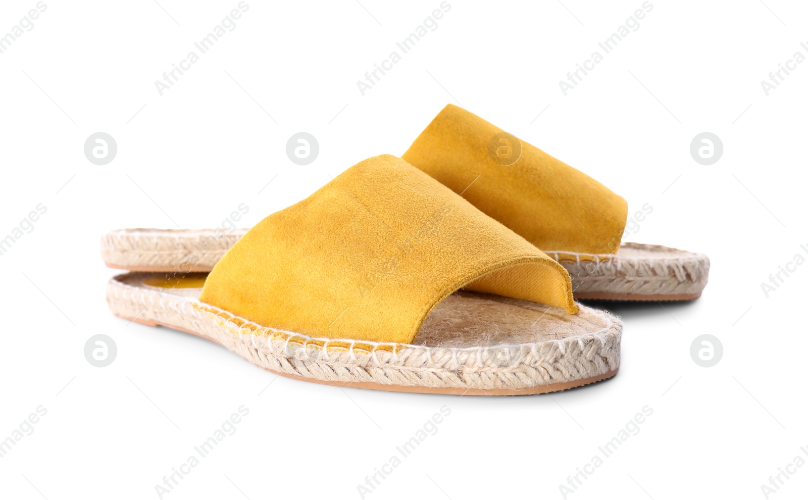 Photo of Slide sandals isolated on white. Beach accessory