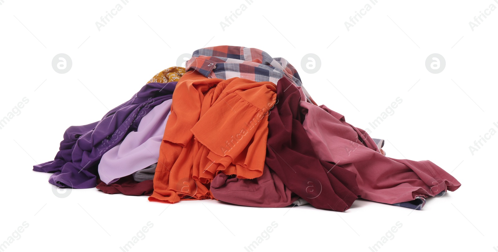 Photo of Pile of dirty clothes on white background