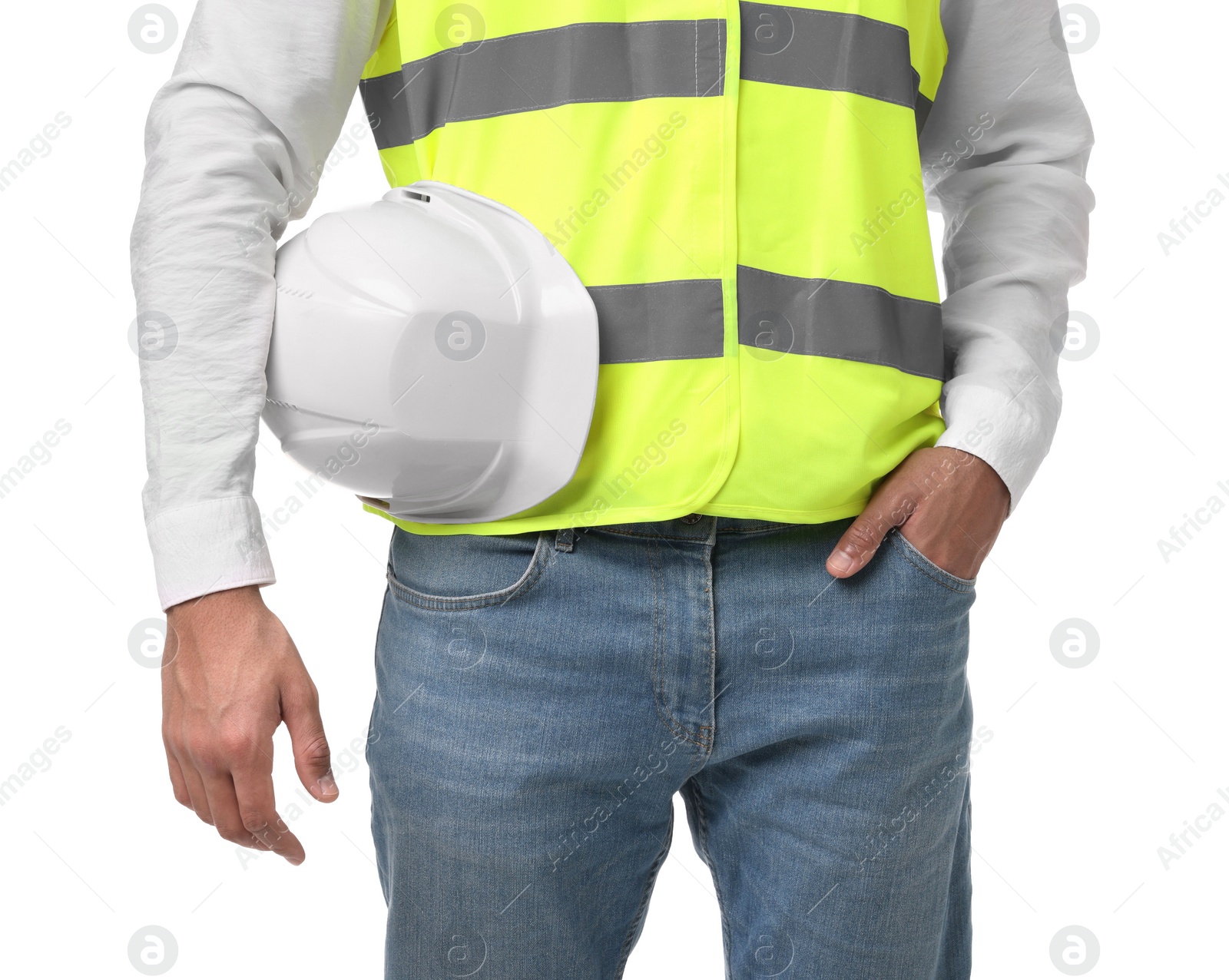 Photo of Engineer with hard hat on white background, closeup