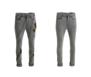 Image of Stylish jeans before and after washing on white background, collage. Dry-cleaning service