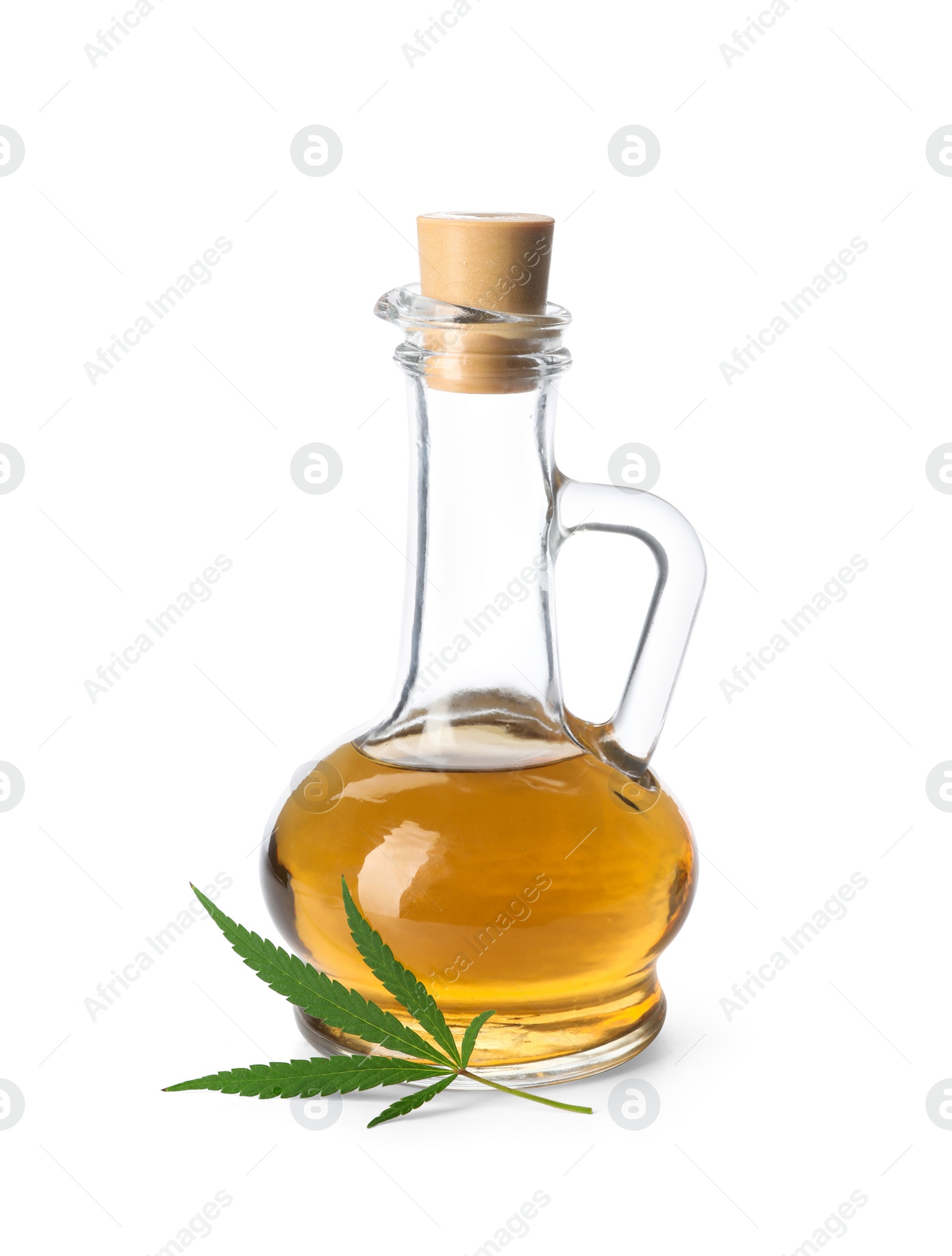 Photo of Jug with hemp oil and leaf on white background