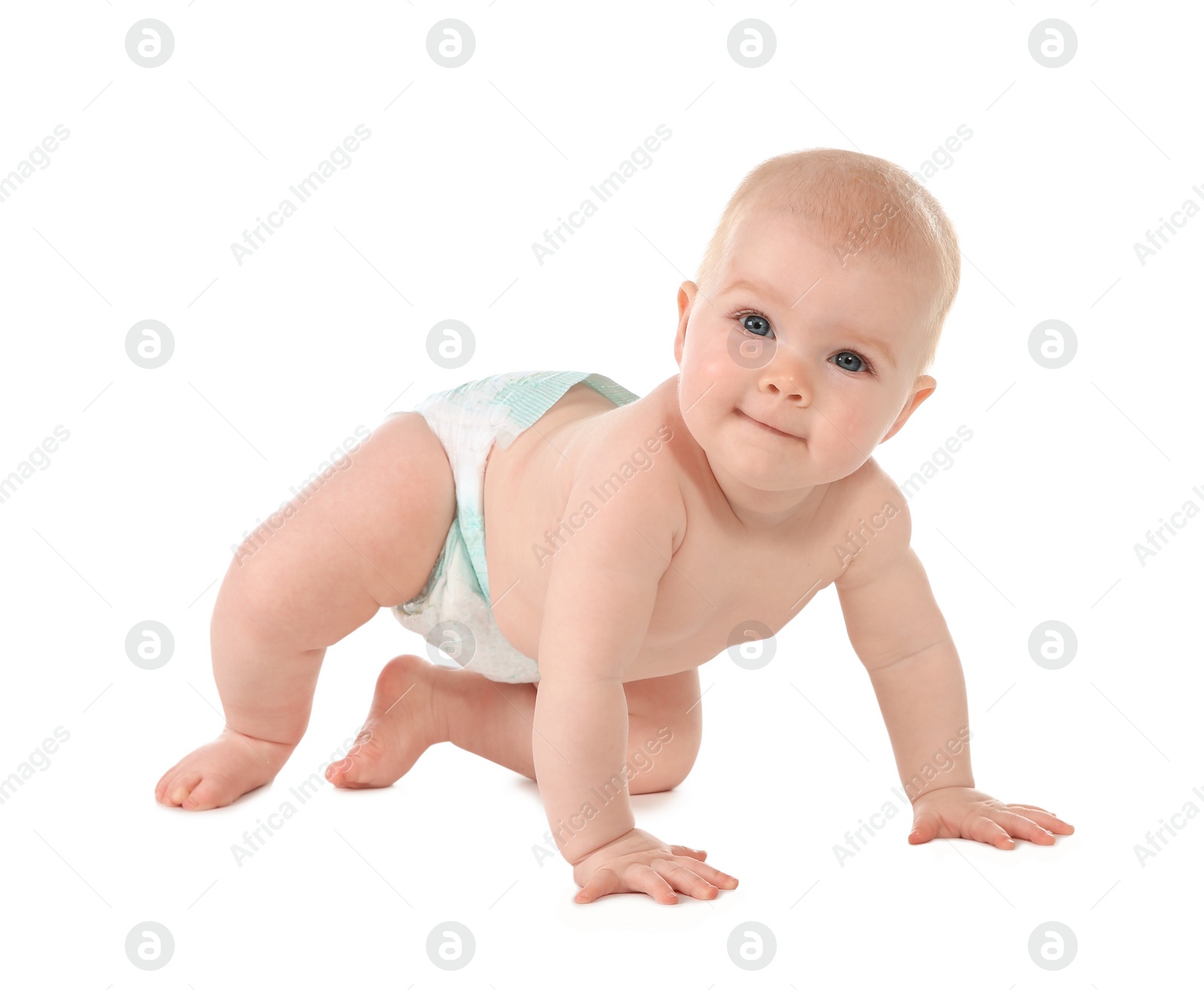 Photo of Cute little baby crawling on white background