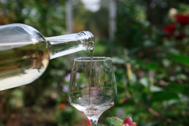 Pouring white wine from bottle into glass outdoors, closeup