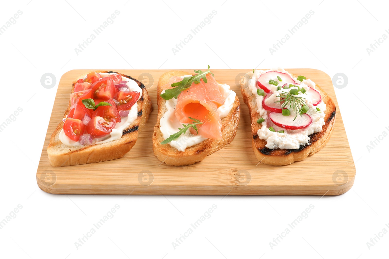 Photo of Board with different tasty bruschettas on white background