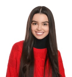 Portrait of happy teenage girl on white background