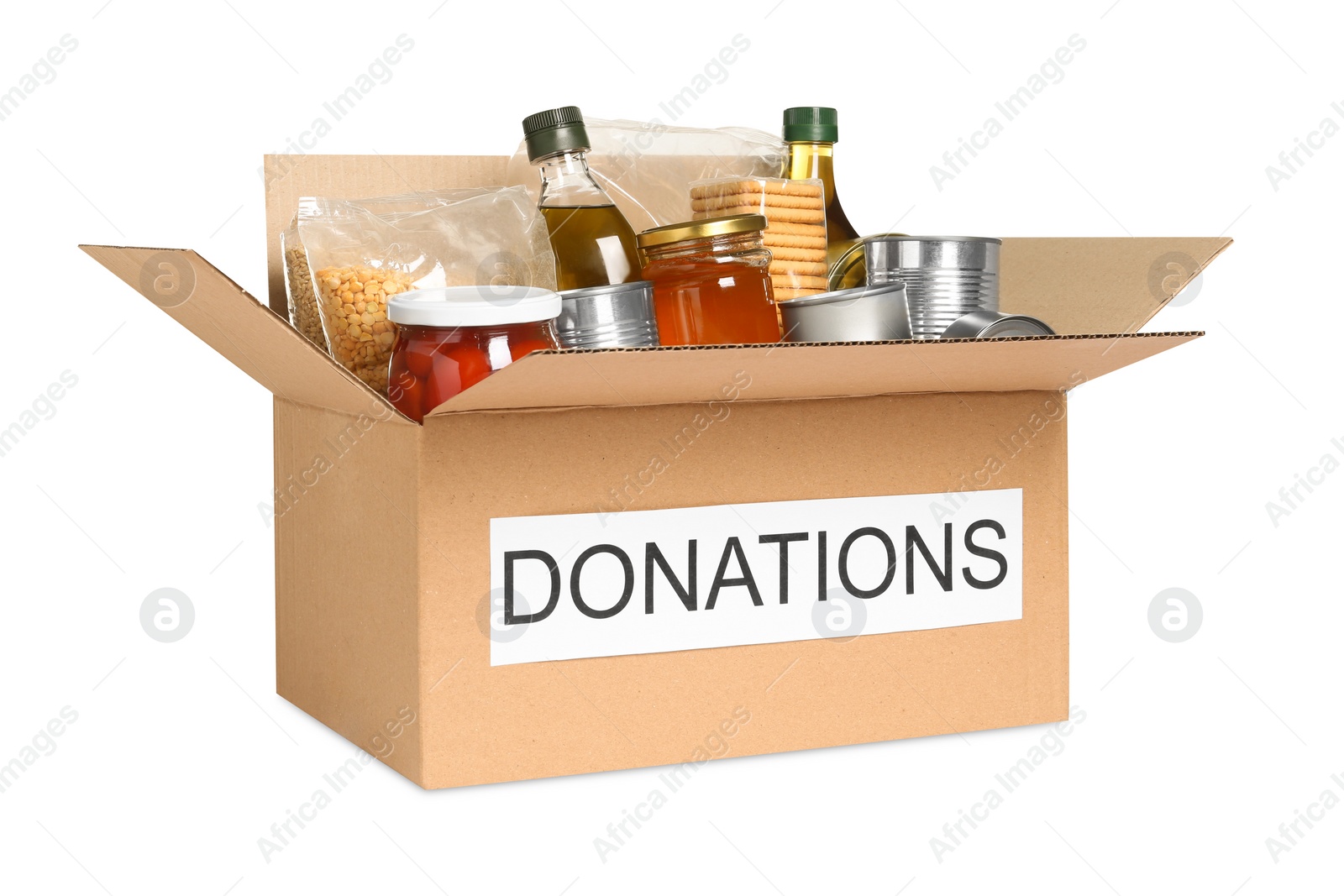 Photo of Donation box with food isolated on white