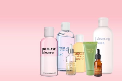 Collection of different makeup removal products on pink background