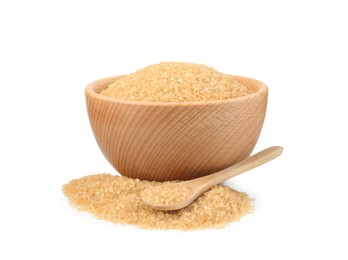 Photo of Brown sugar in wooden bowl and spoon isolated on white