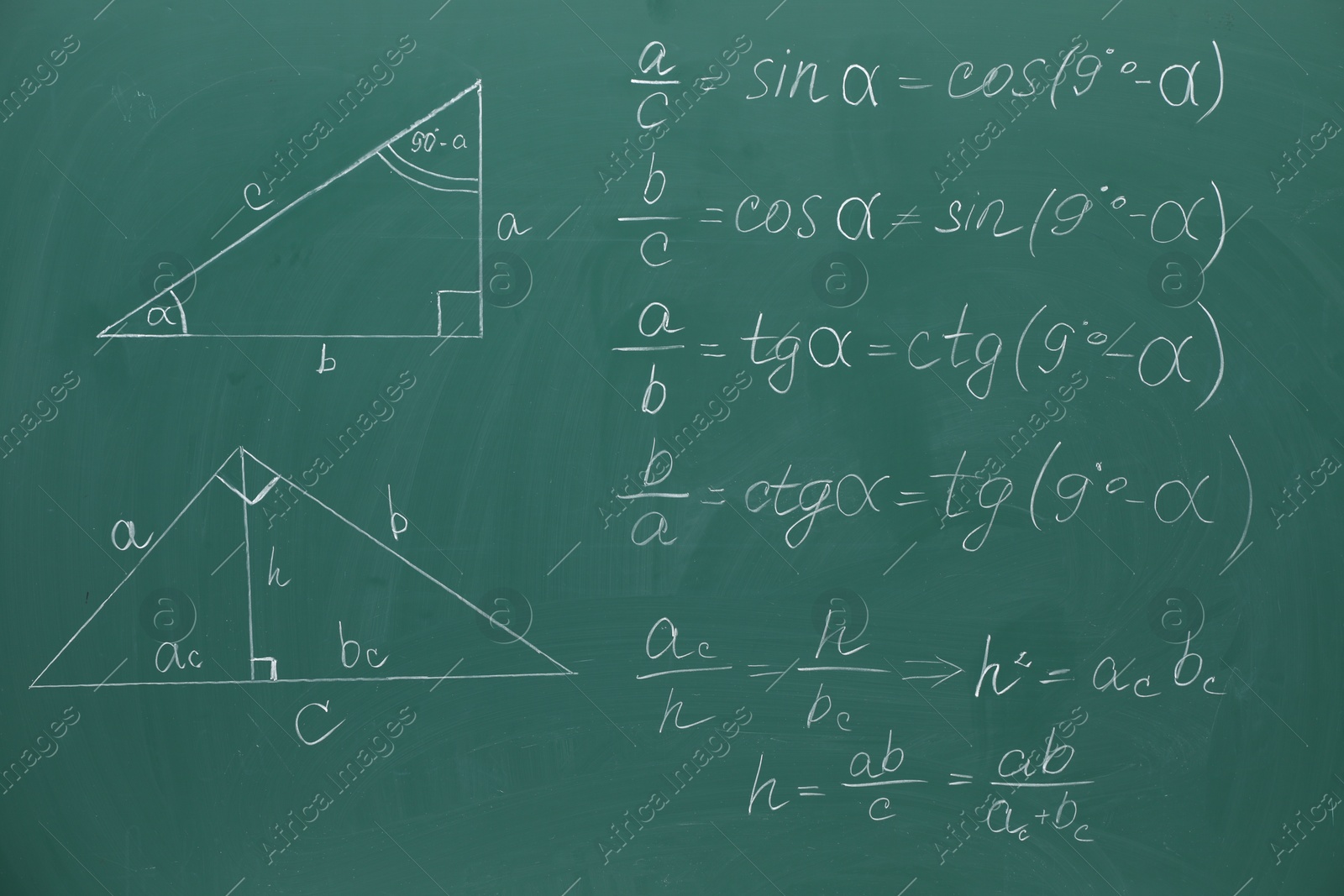 Photo of Many different math formulas written on chalkboard