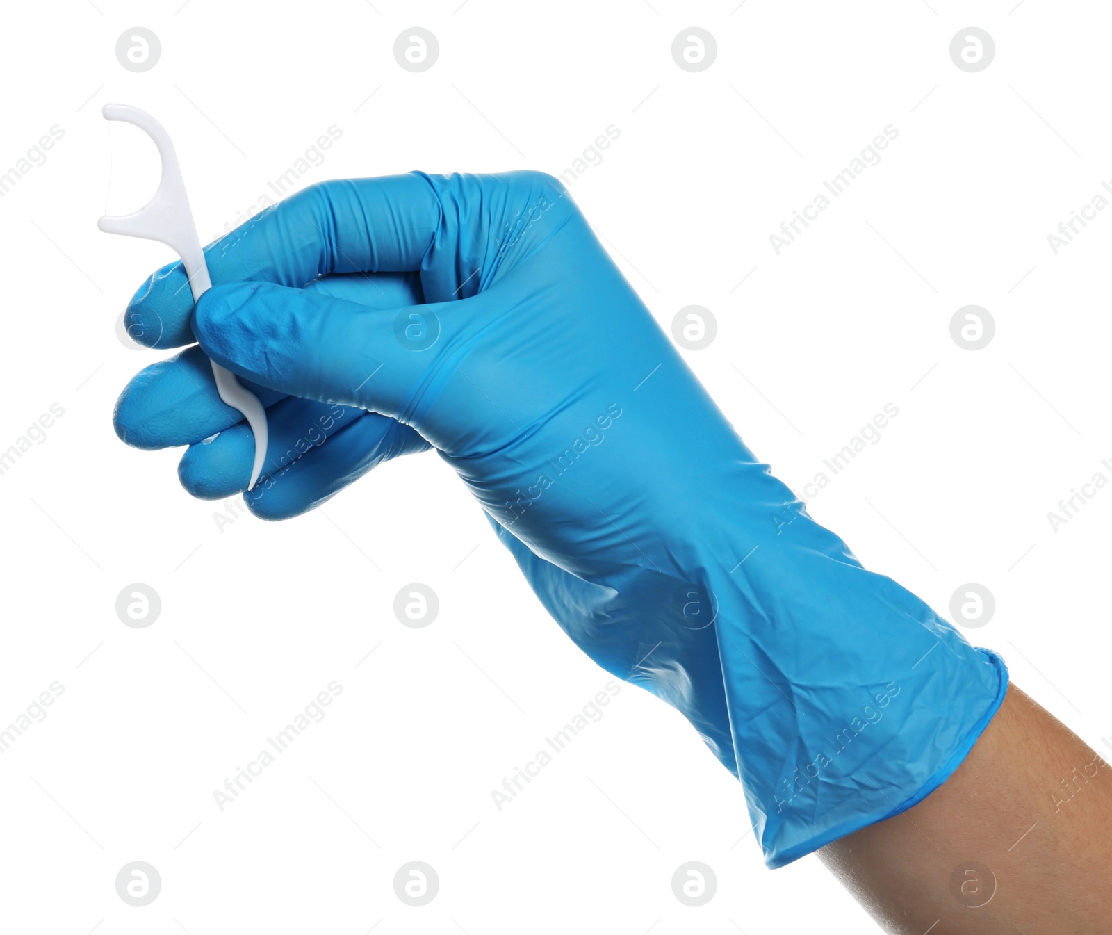 Photo of Specialist holding dental floss pick on white background. Mouth and teeth care