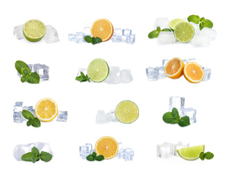 Image of Set of ice cubes, mint and citrus fruits on white background