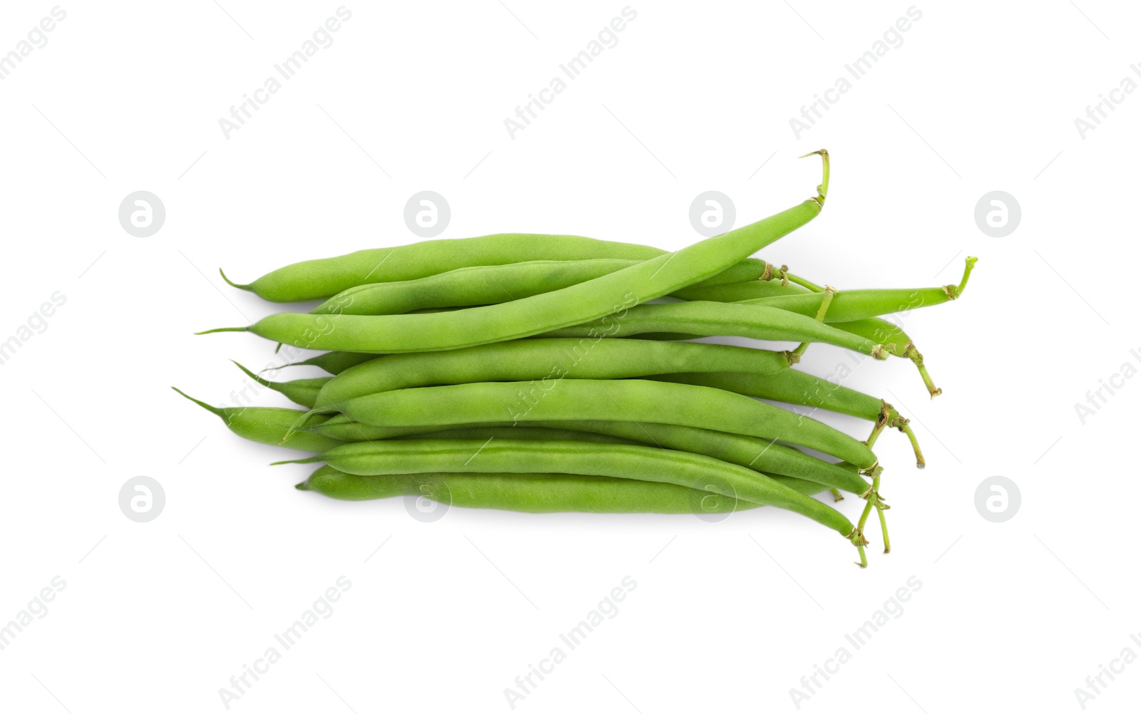 Photo of Fresh green beans on white background, top view