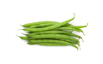 Photo of Fresh green beans on white background, top view