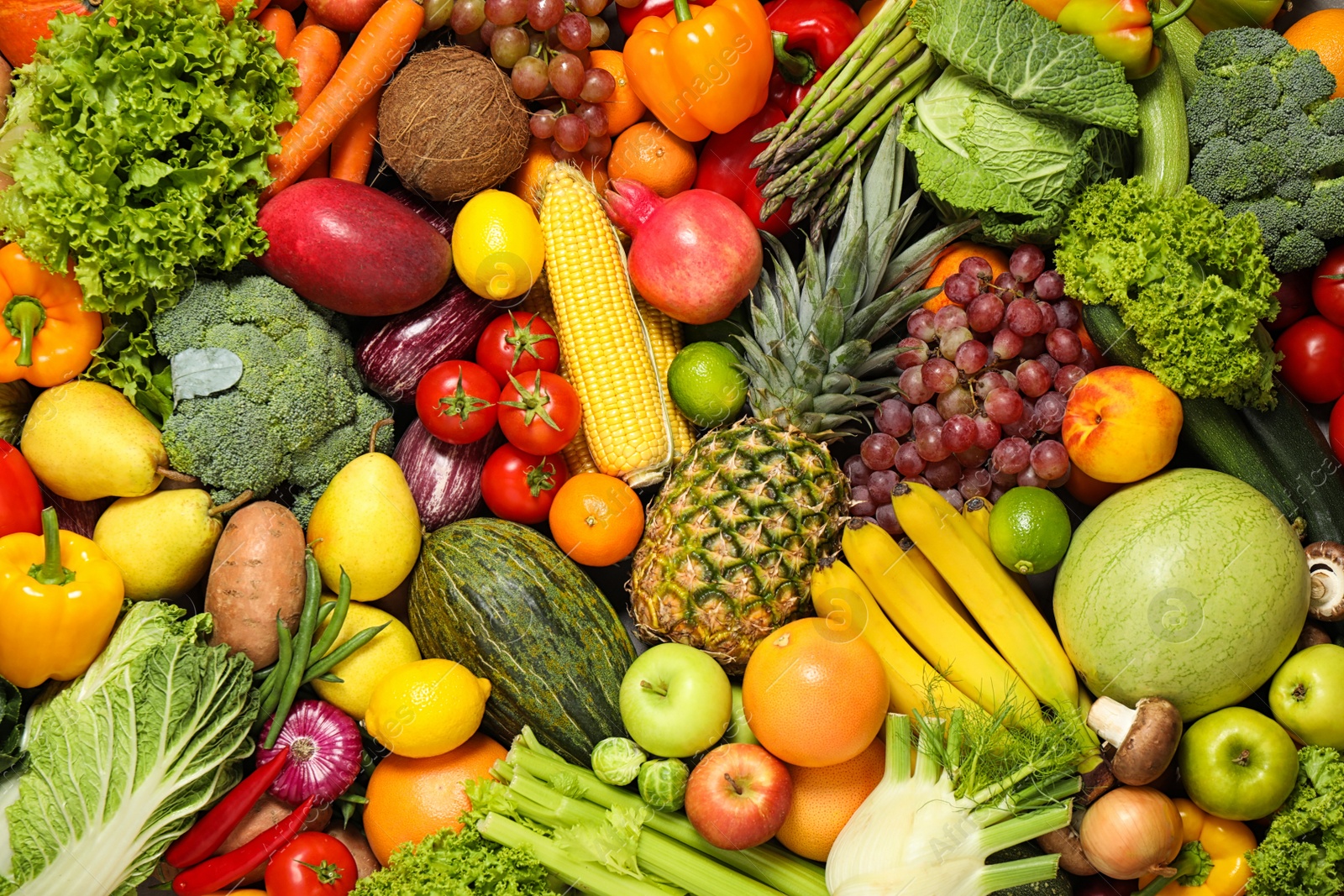 Photo of Assortment of organic fresh fruits and vegetables as background, closeup