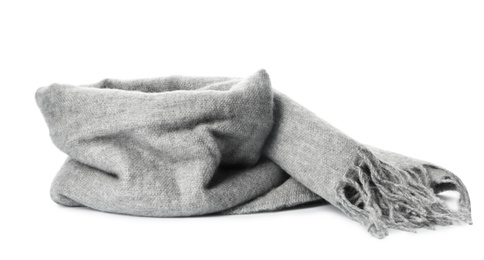 Photo of Grey scarf isolated on white. Warm accessory