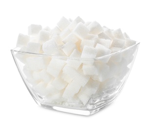 Refined sugar cubes in bowl on white background