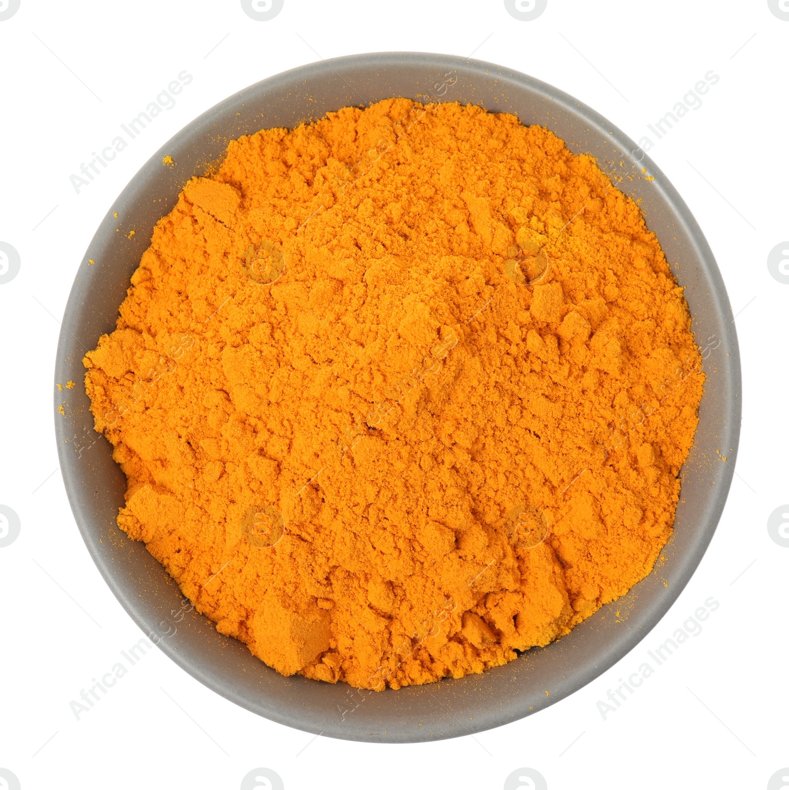 Photo of Aromatic saffron powder in bowl on white background, top view