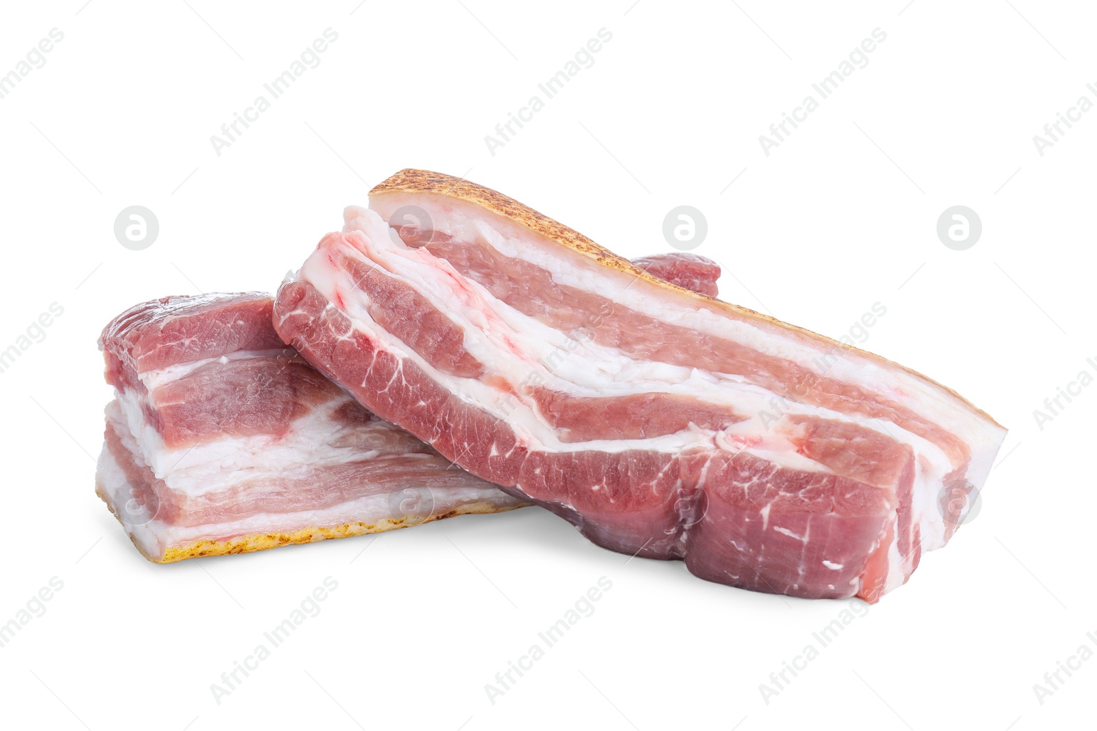 Photo of Pieces of raw pork belly isolated on white