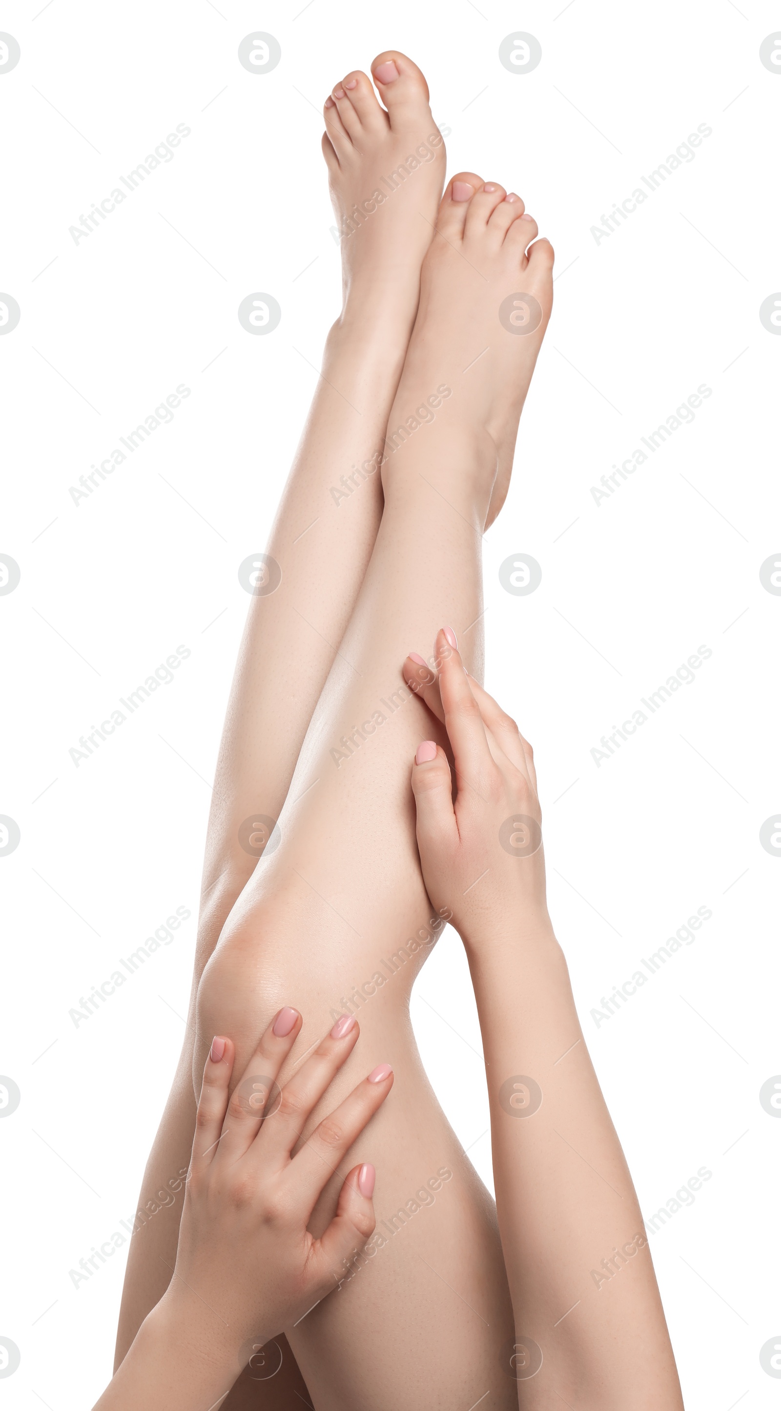 Photo of Woman with beautiful legs isolated on white, closeup