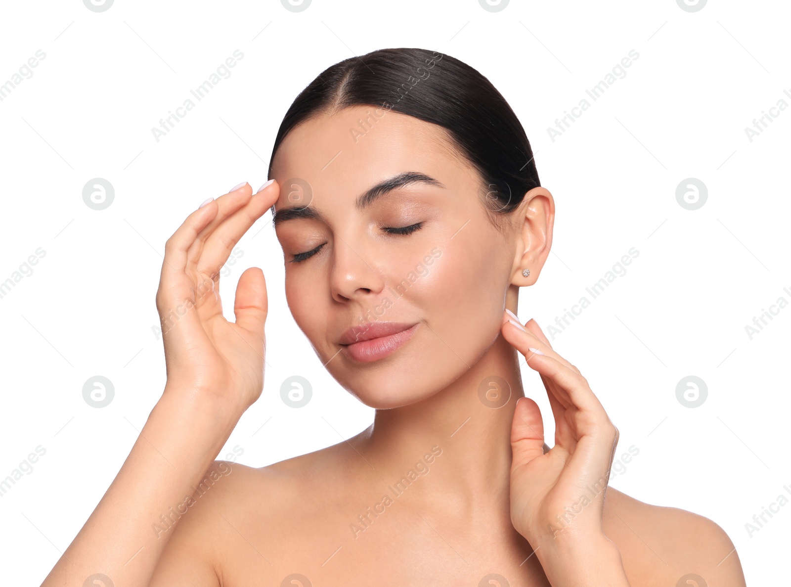 Photo of Beautiful young woman with perfect skin on white background