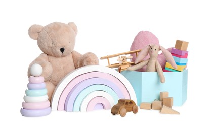 Photo of Set of different cute toys on white background
