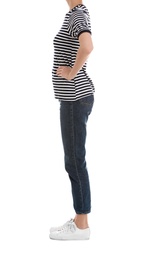 Photo of Young slim woman on white background, closeup. Weight loss