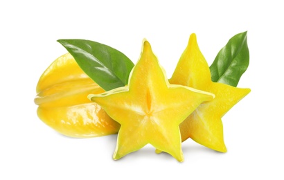 Delicious ripe carambola fruits on white background