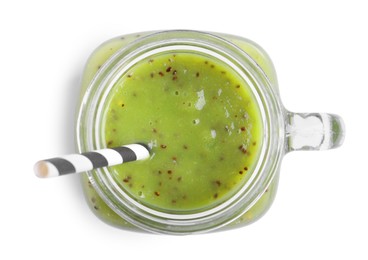 Photo of Delicious kiwi smoothie isolated on white, top view