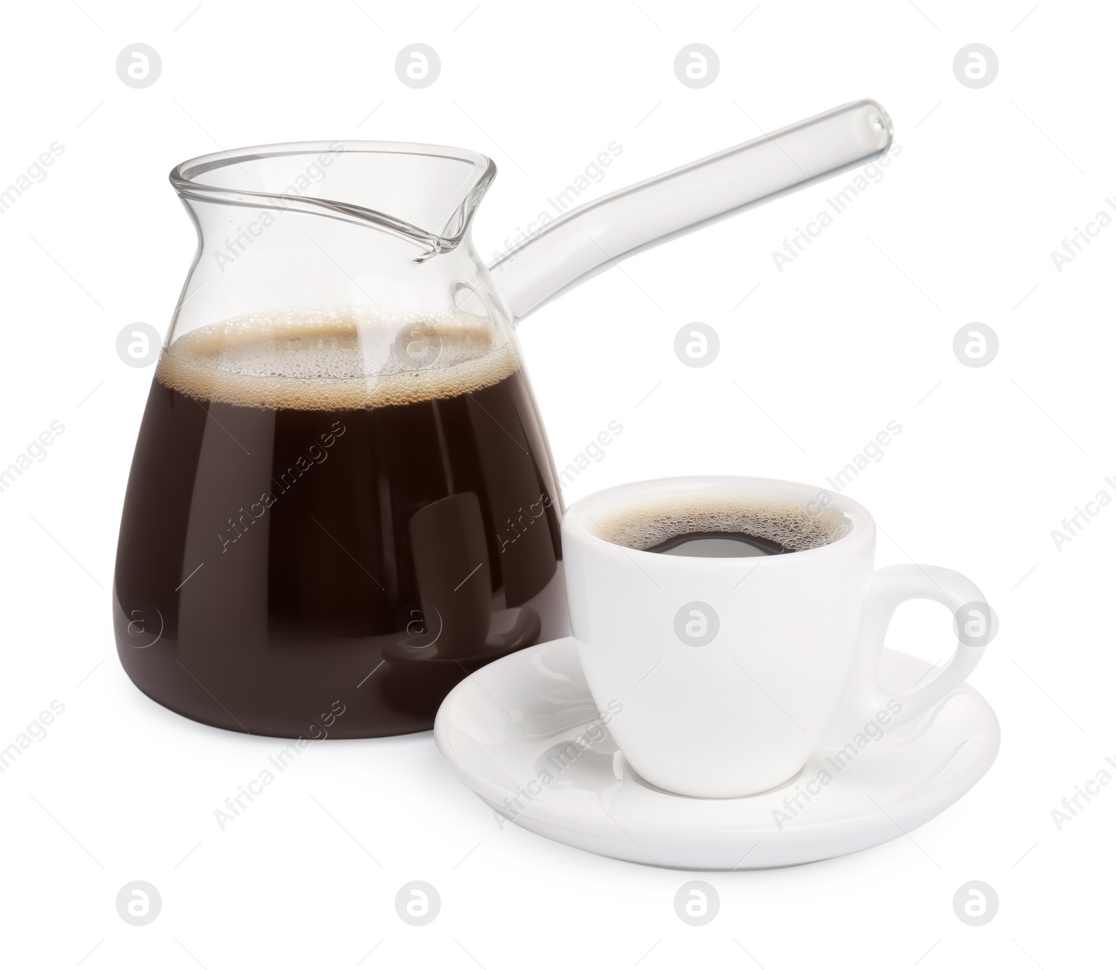 Photo of Glass turkish coffee pot and cup of hot drink on white background