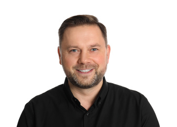 Portrait of happy mature man on white background