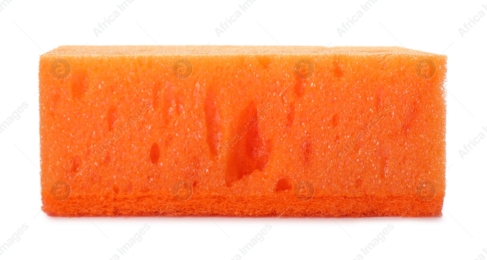 Photo of Orange cleaning sponge with abrasive scourer isolated on white