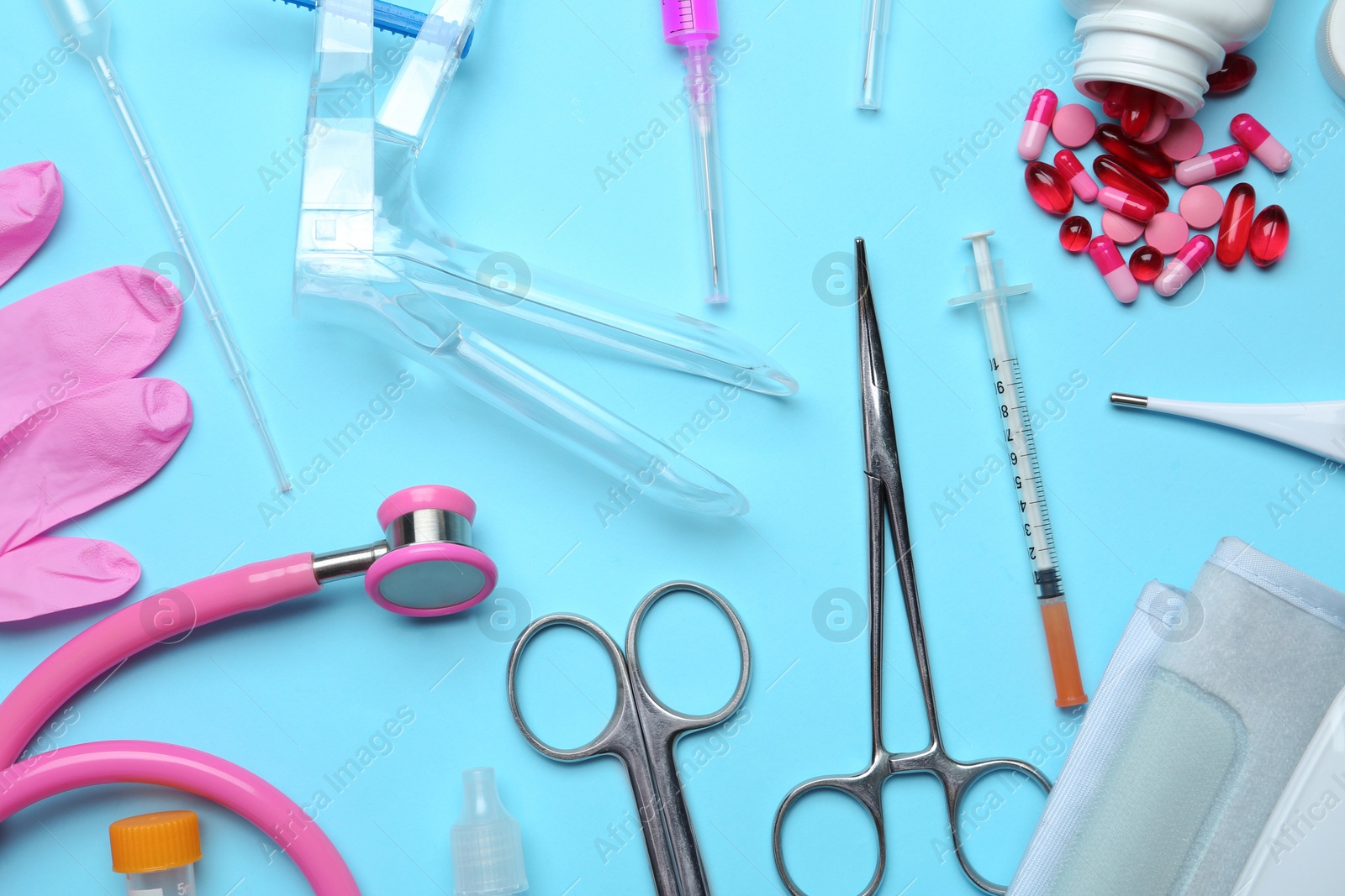 Photo of Different medical objects on color background, flat lay