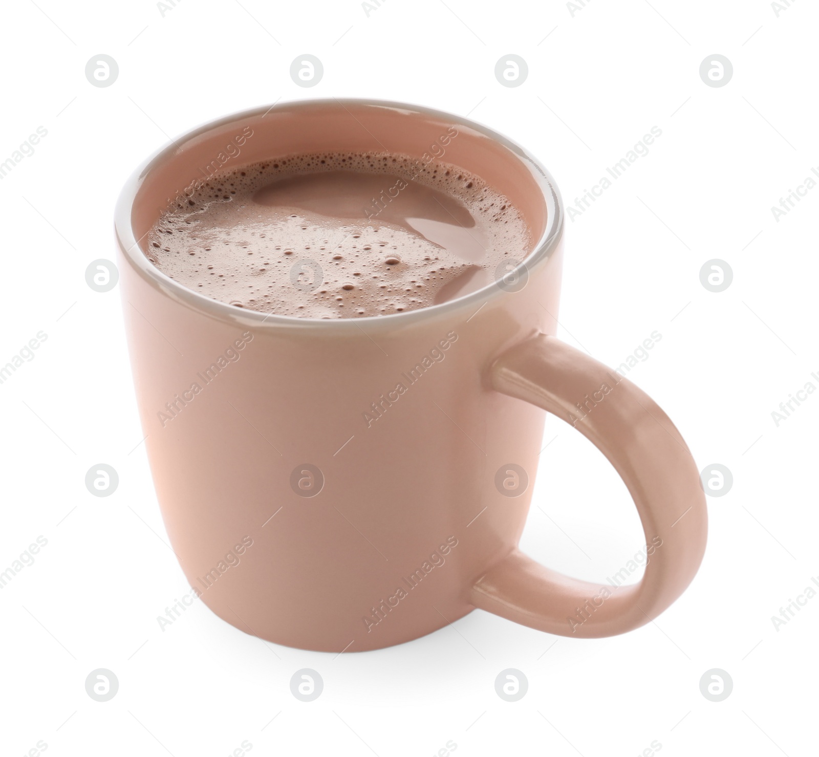 Photo of Delicious cocoa in beige cup on white background