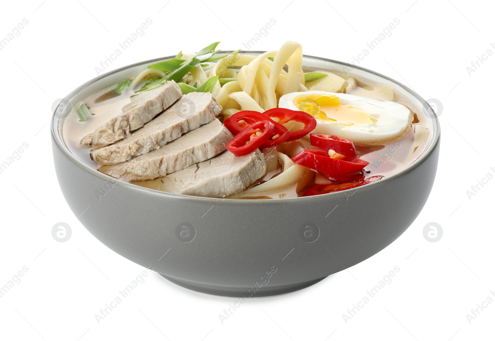 Photo of Delicious ramen in bowl isolated on white. Noodle soup