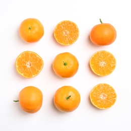 Photo of Composition with juicy tangerines on white background, top view