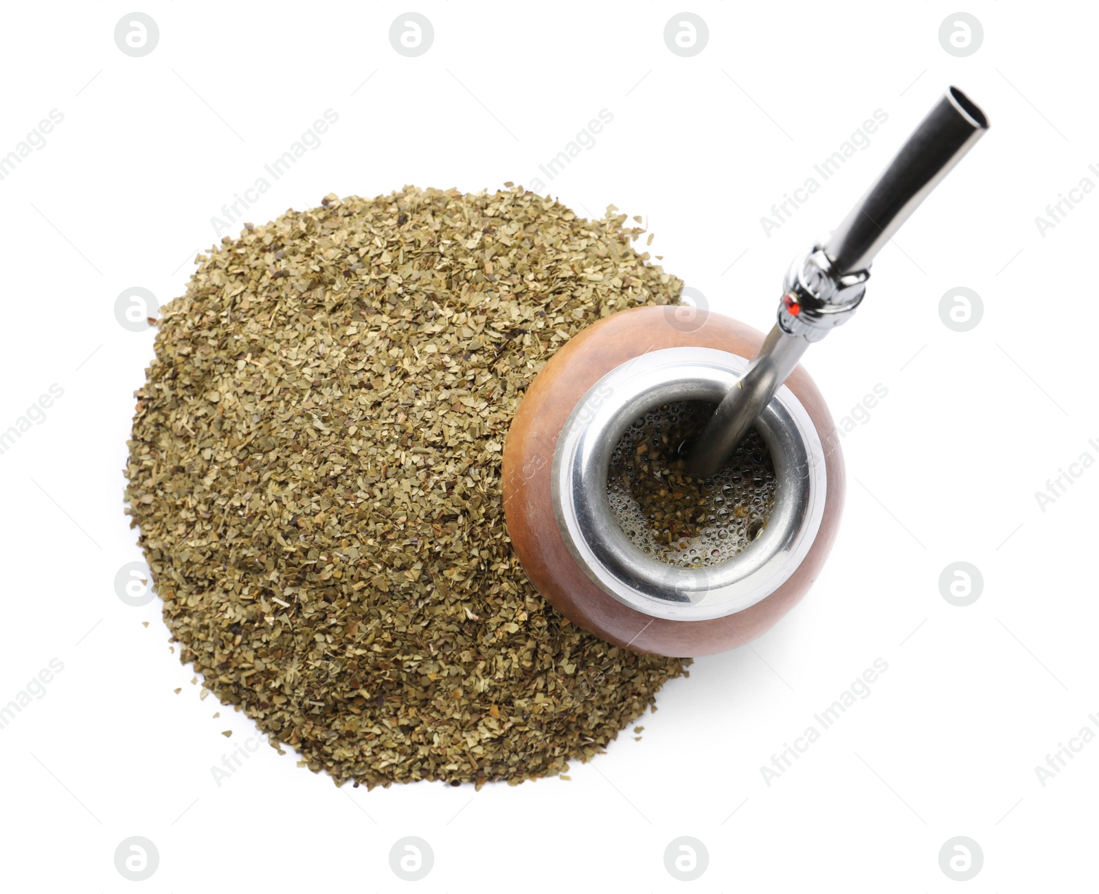 Photo of Calabash with mate tea and bombilla on white background, top view