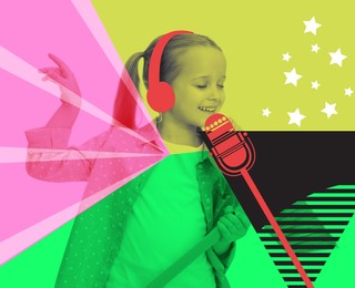 Cute little girl singing into drawn microphone on bright background, creative collage