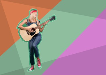 Pop art poster. Happy hippie woman playing guitar on bright background, pin up style