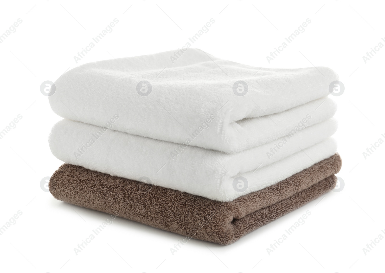 Photo of Stack of clean soft towels on white background