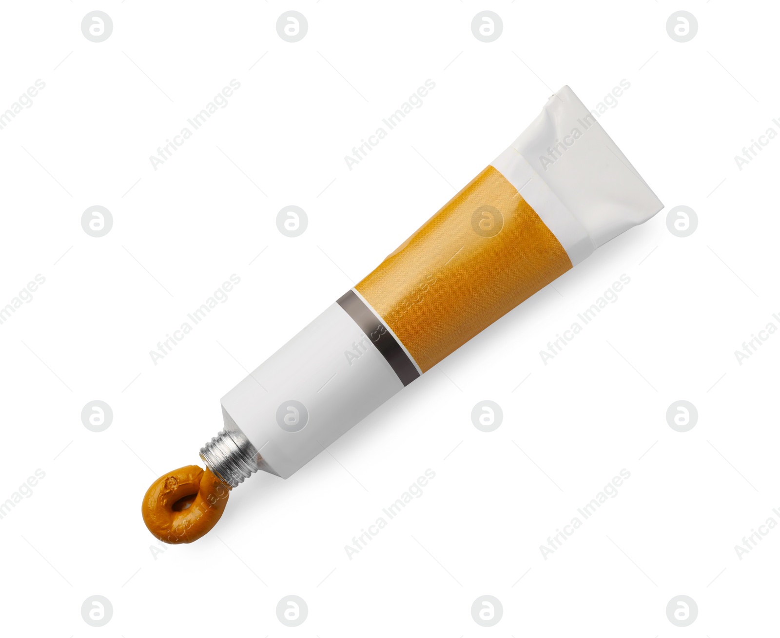 Photo of Tube with oil paint on white background, top view