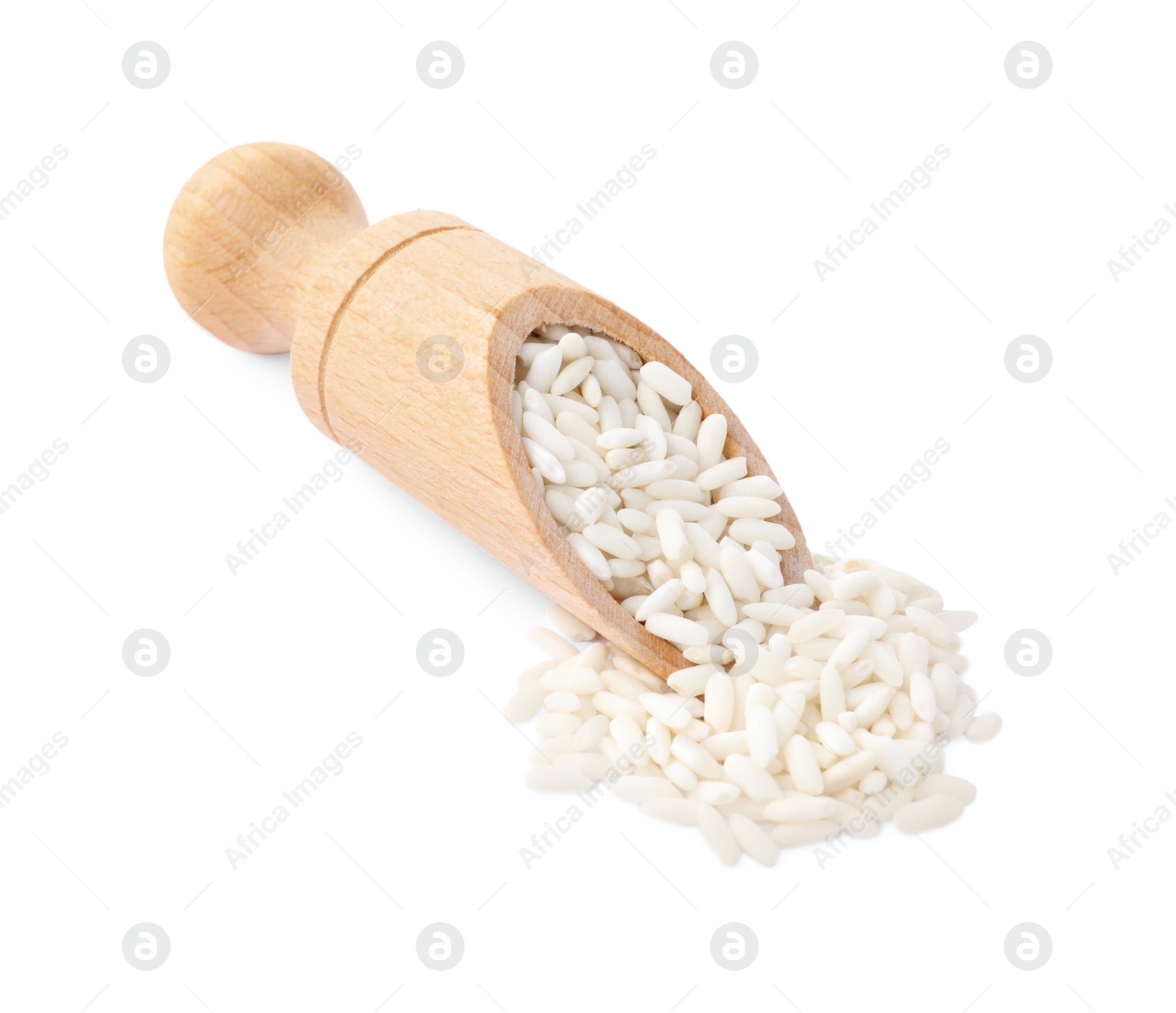 Photo of Scoop with raw rice isolated on white