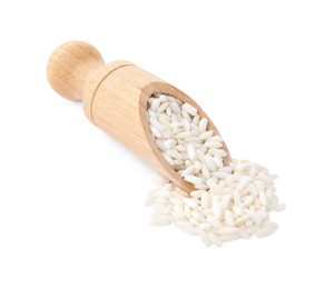 Photo of Scoop with raw rice isolated on white