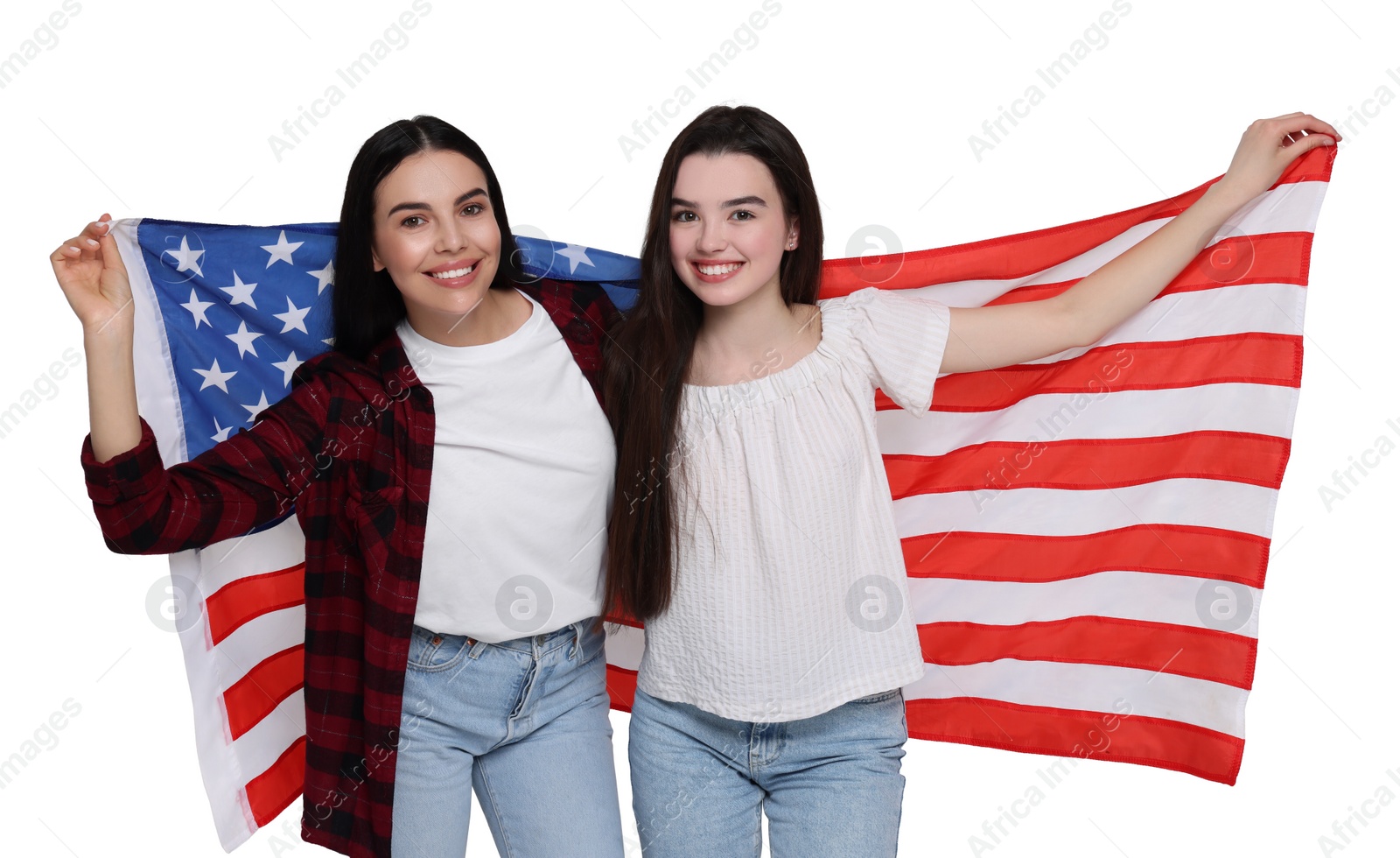 Image of 4th of July - Independence day of America. Happy mother and daughter with national flag of United States on white background