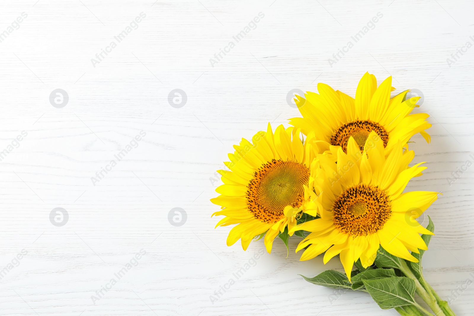 Photo of Yellow sunflowers on wooden background, top view