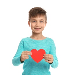 Cute boy with decorative heart on white background