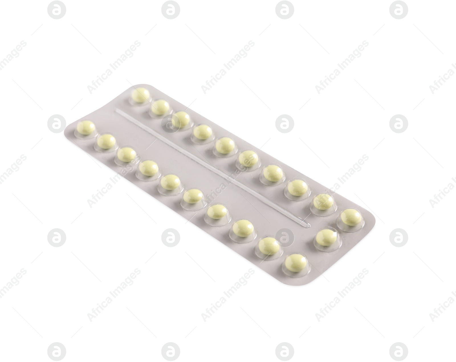Photo of Blister of pills on white background. Medicinal treatment
