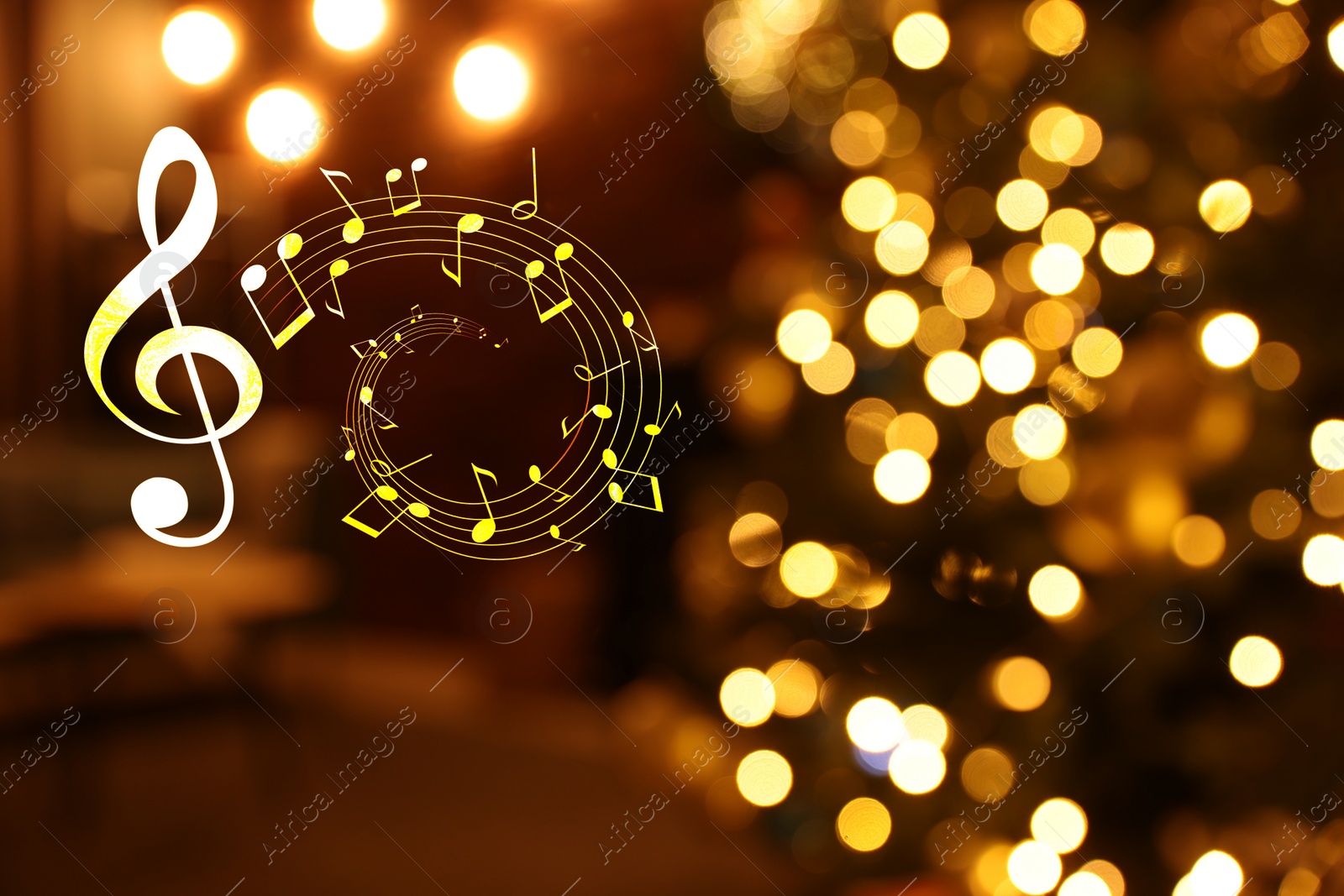 Image of Music notes and blurred view of room decorated for Christmas and New Year celebration, bokeh effect