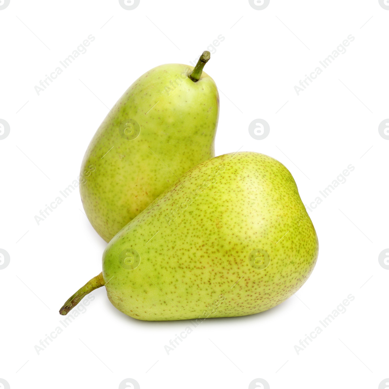 Photo of Two tasty ripe pears on white background