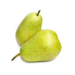 Photo of Two tasty ripe pears on white background