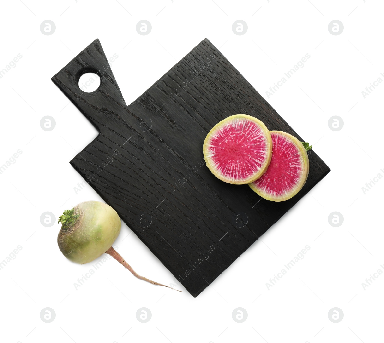 Photo of Black cutting board with fresh red meat radishes isolated on white, top view